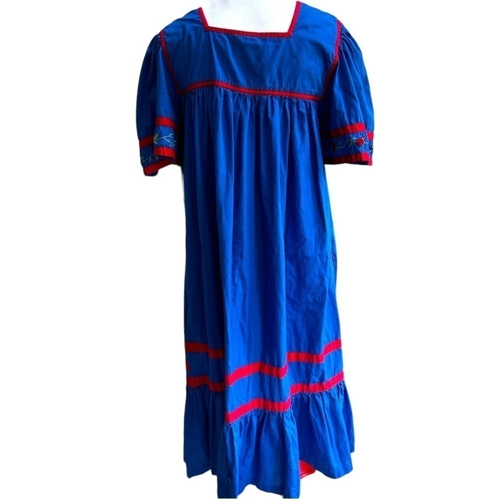 Go Softly Midi Dress Blue Strawberry Embroidered Pockets Size XS Vintage… - Picture 4 of 5